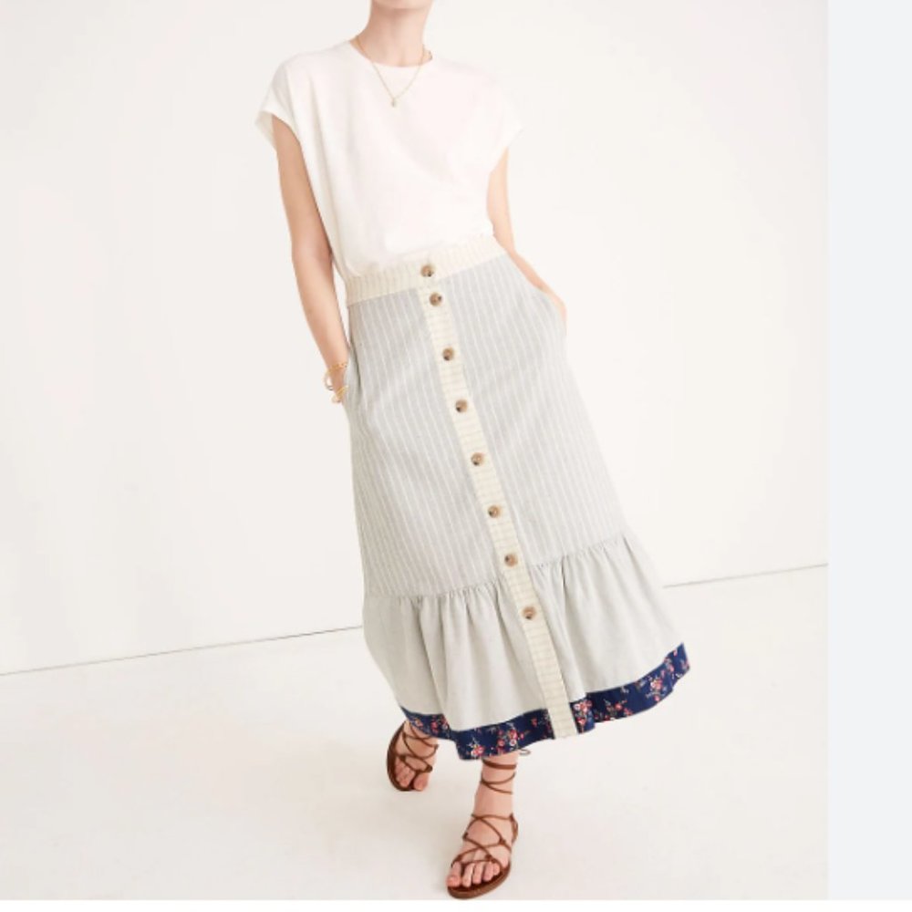 Madewell Striped Button-Front Skirt in Cream and Blue